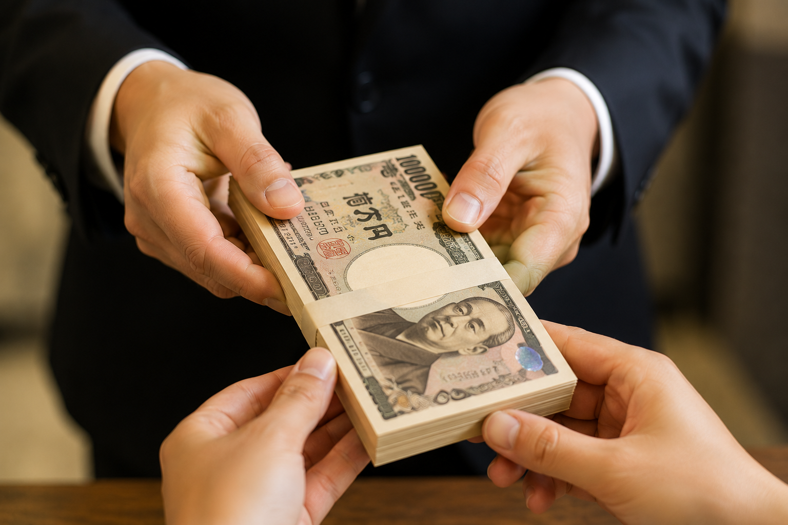 査定後にその場で現金を受け取る様子