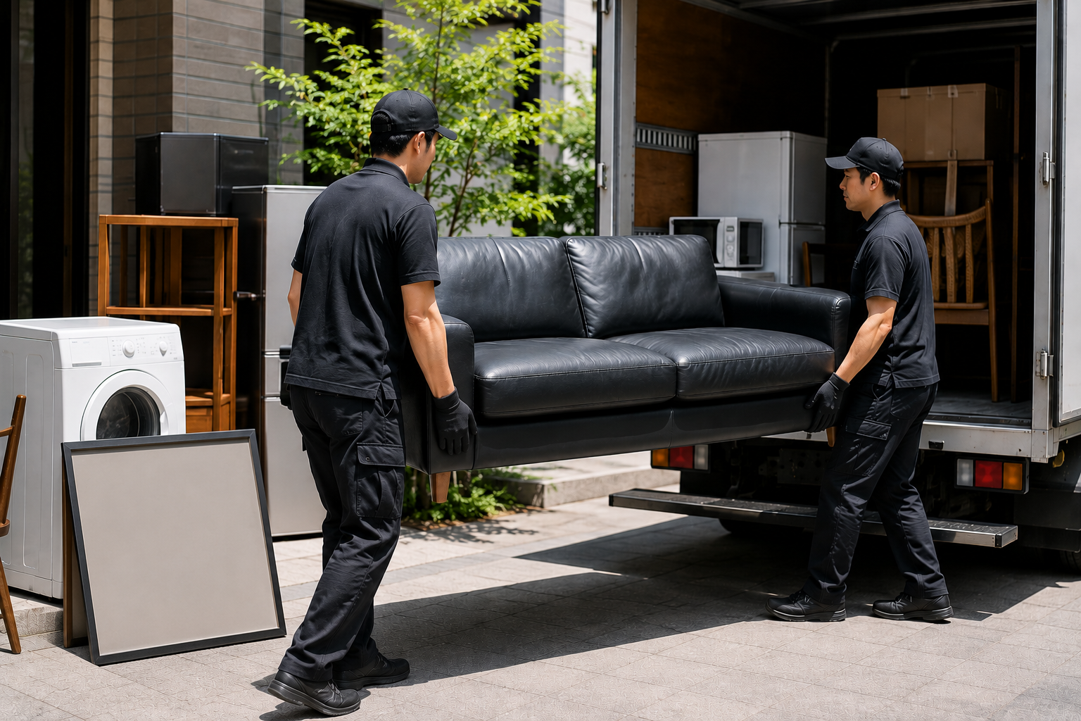 スタッフが大型家具を丁寧に運び出す様子