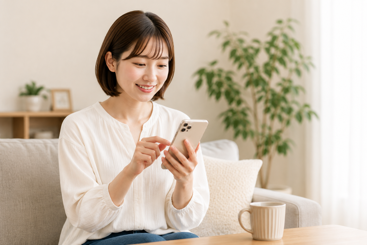 スマートフォンから問い合わせをする女性