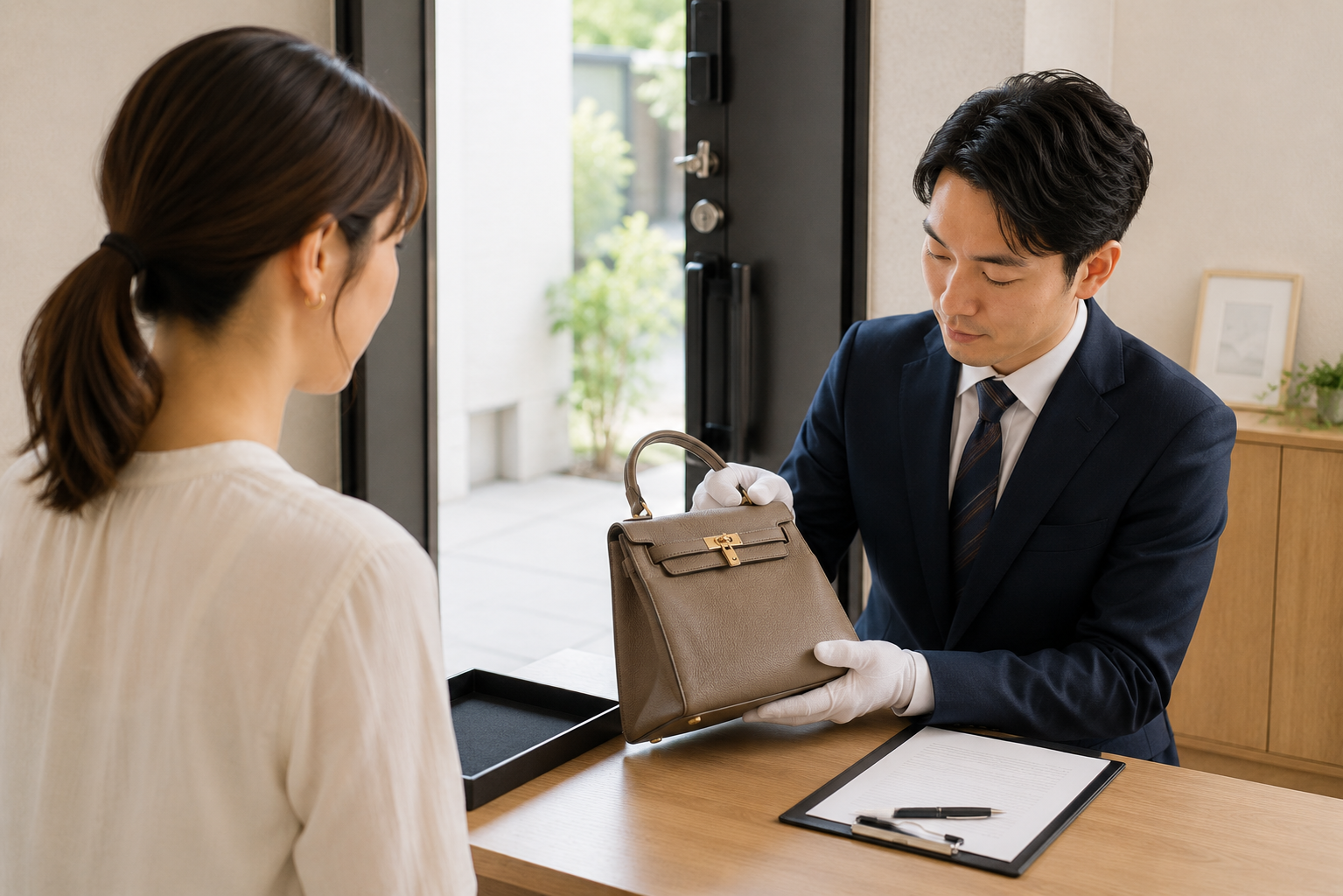 自宅で品物を査定するスタッフ
