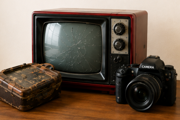 壊れた古いテレビとカメラ